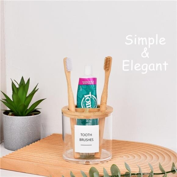 Clear Toothbrush Holder with Bamboo Lid Bathroom Organizer Stand Vanity Counter - Picture 4 of 5